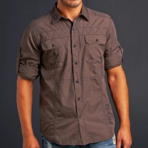 Affliction POWER TRAIN Button Down Shirt in Brown Pinstripe, sz Large - Picture 7 of 16